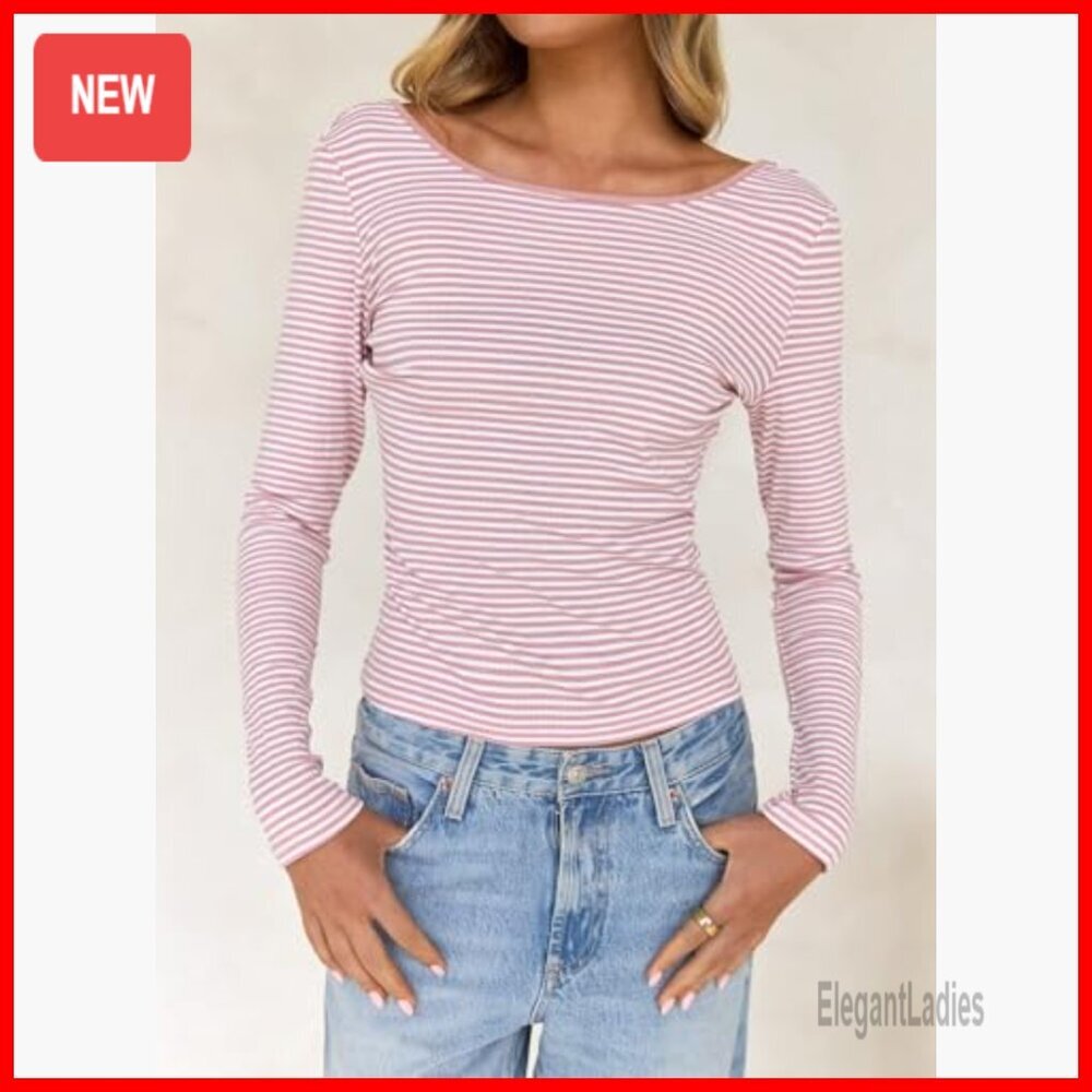 Long Sleeve Striped Crop Top Backless Boat Neck Y2K Tee Women's - Picture 6 of 7